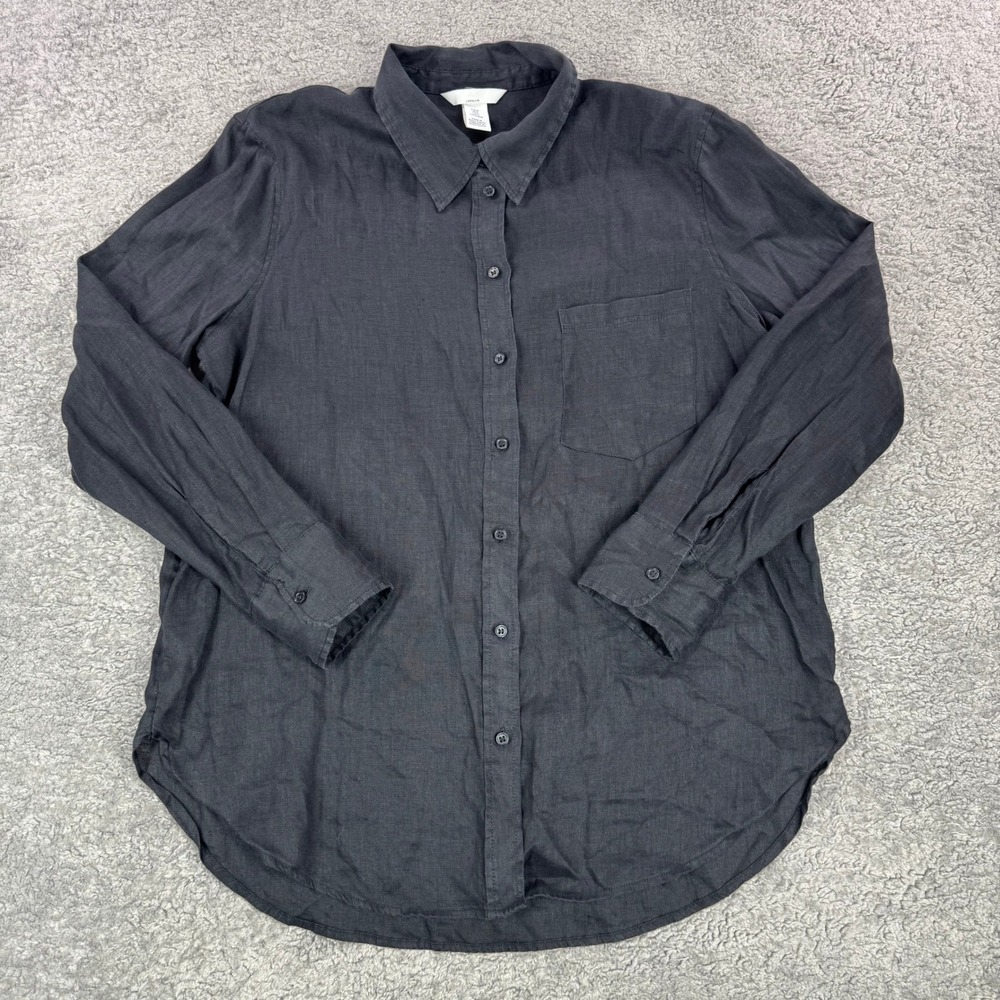 HM Womens Linen Button Down Shirt Black Long Sleeve Relaxed Fit Size M Lagenlook
